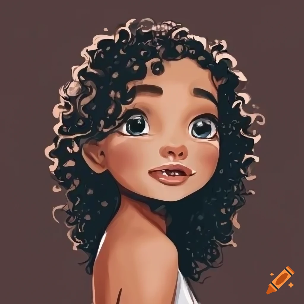 cartoon of a cute girl with curly hair and mischievous smile