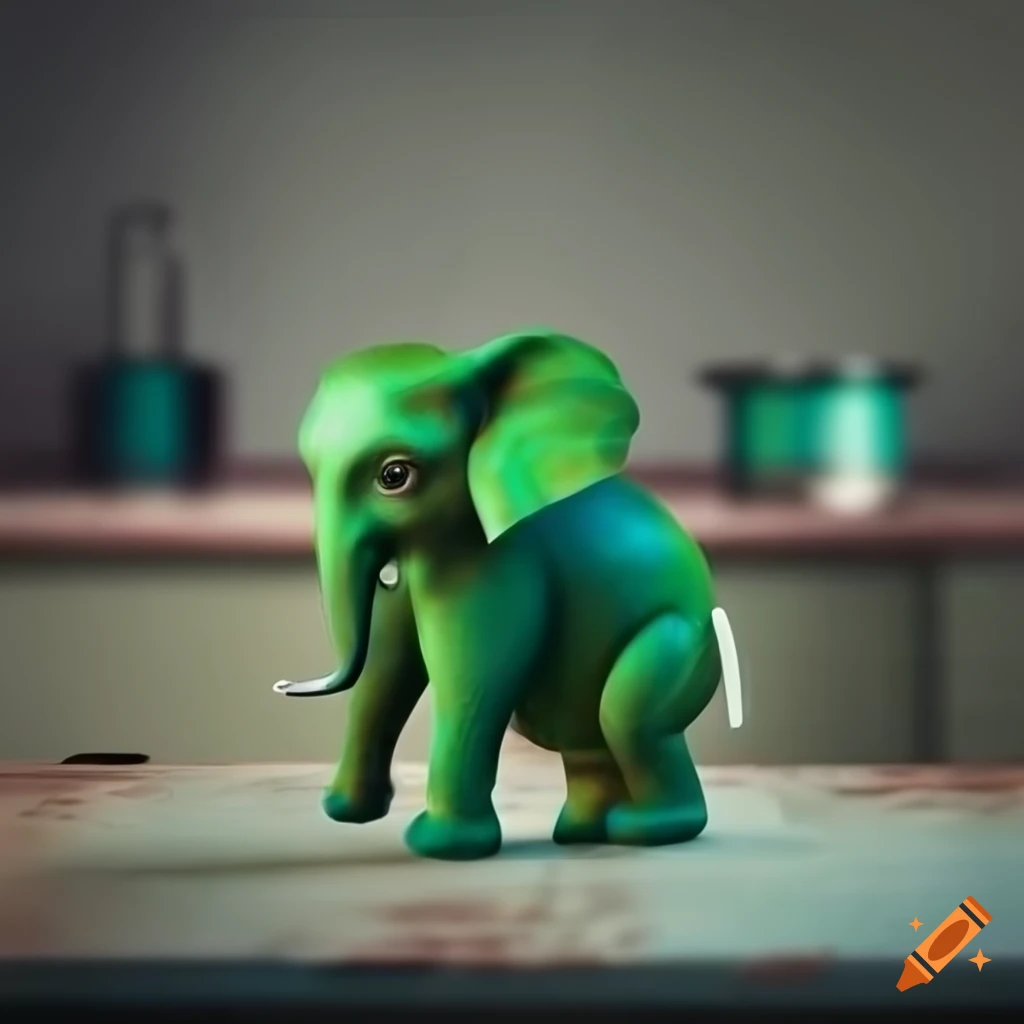 Hyper realistic miniature green elephant in kitchen