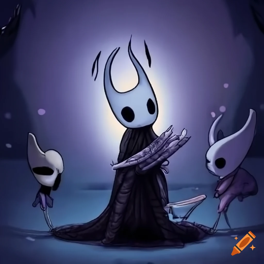 Little nightmares and hollow knight characters standing together on Craiyon