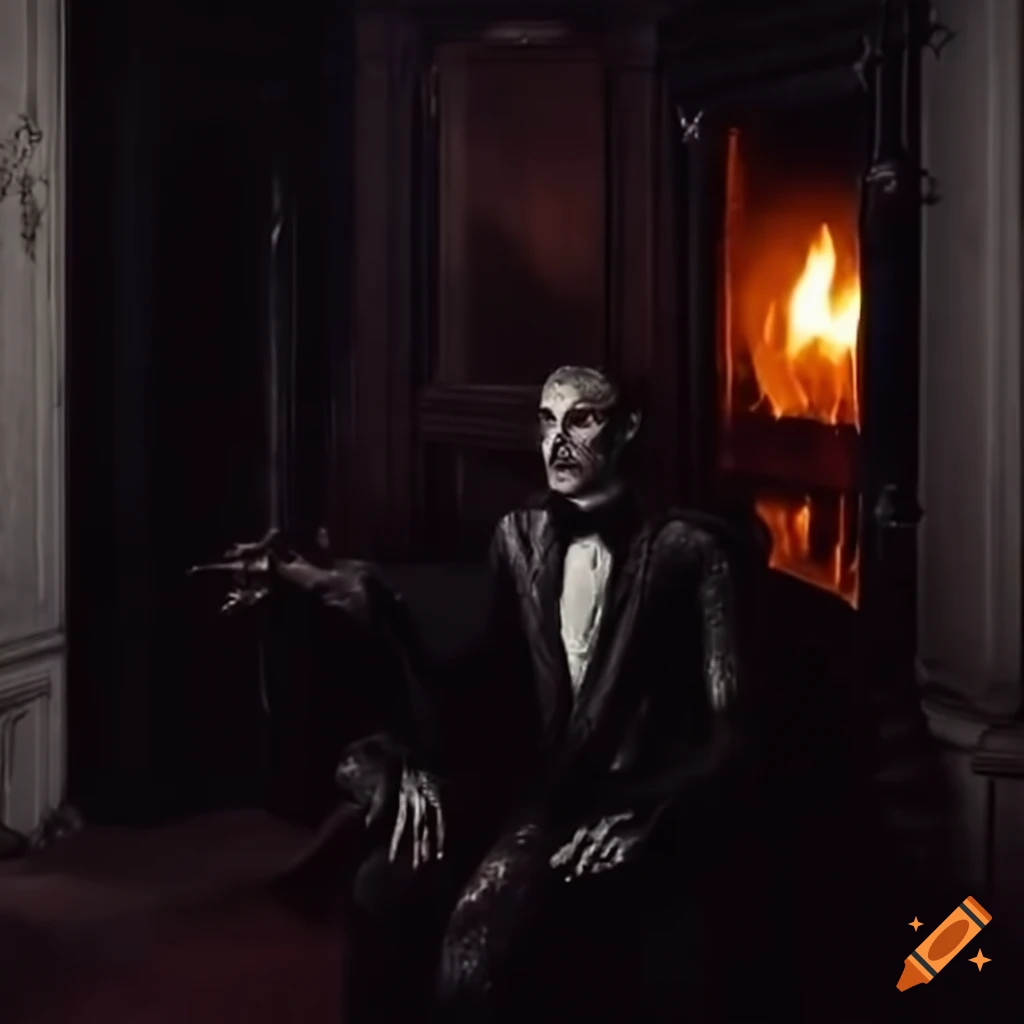 Sinister dark creature lurking behind a man in a room