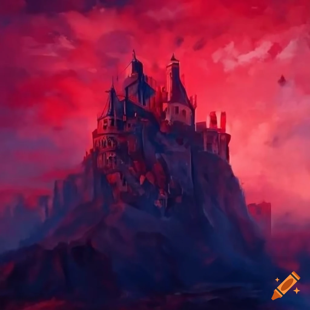 painting of a castle with red skies