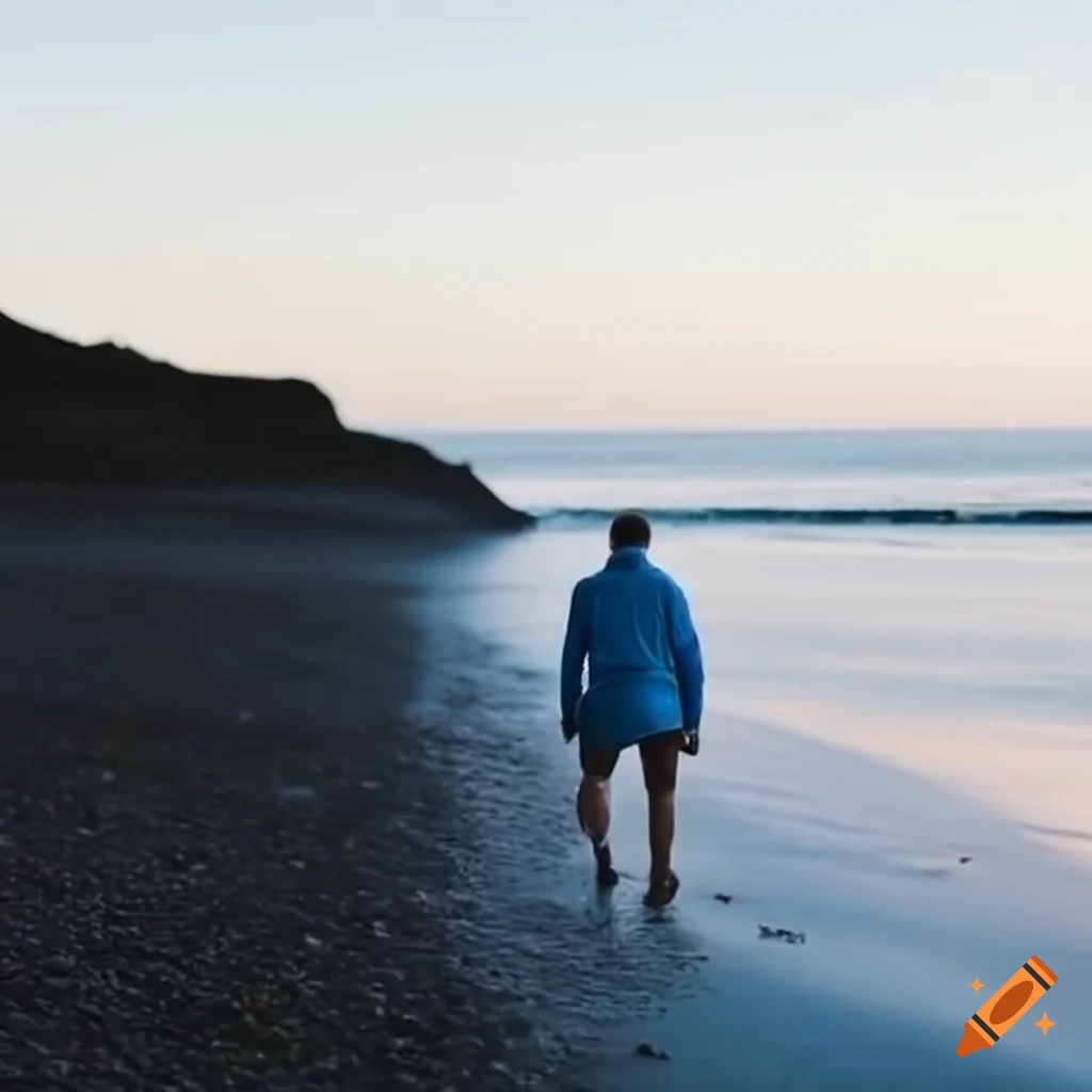 Blue person walking on the beach