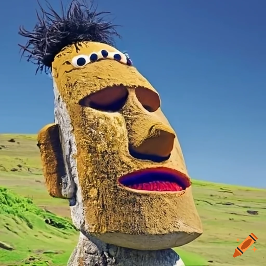 Bert and ernie as moai heads on easter island