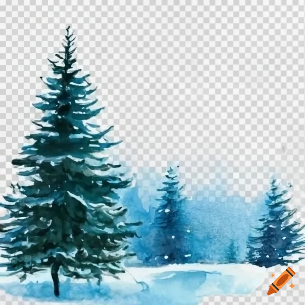 watercolor painting of a winter forest with Christmas trees