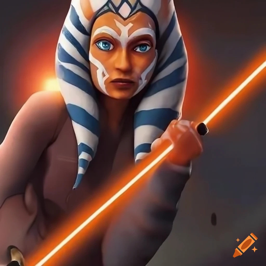 Ahsoka tano wielding an orange lightsaber whip on Craiyon