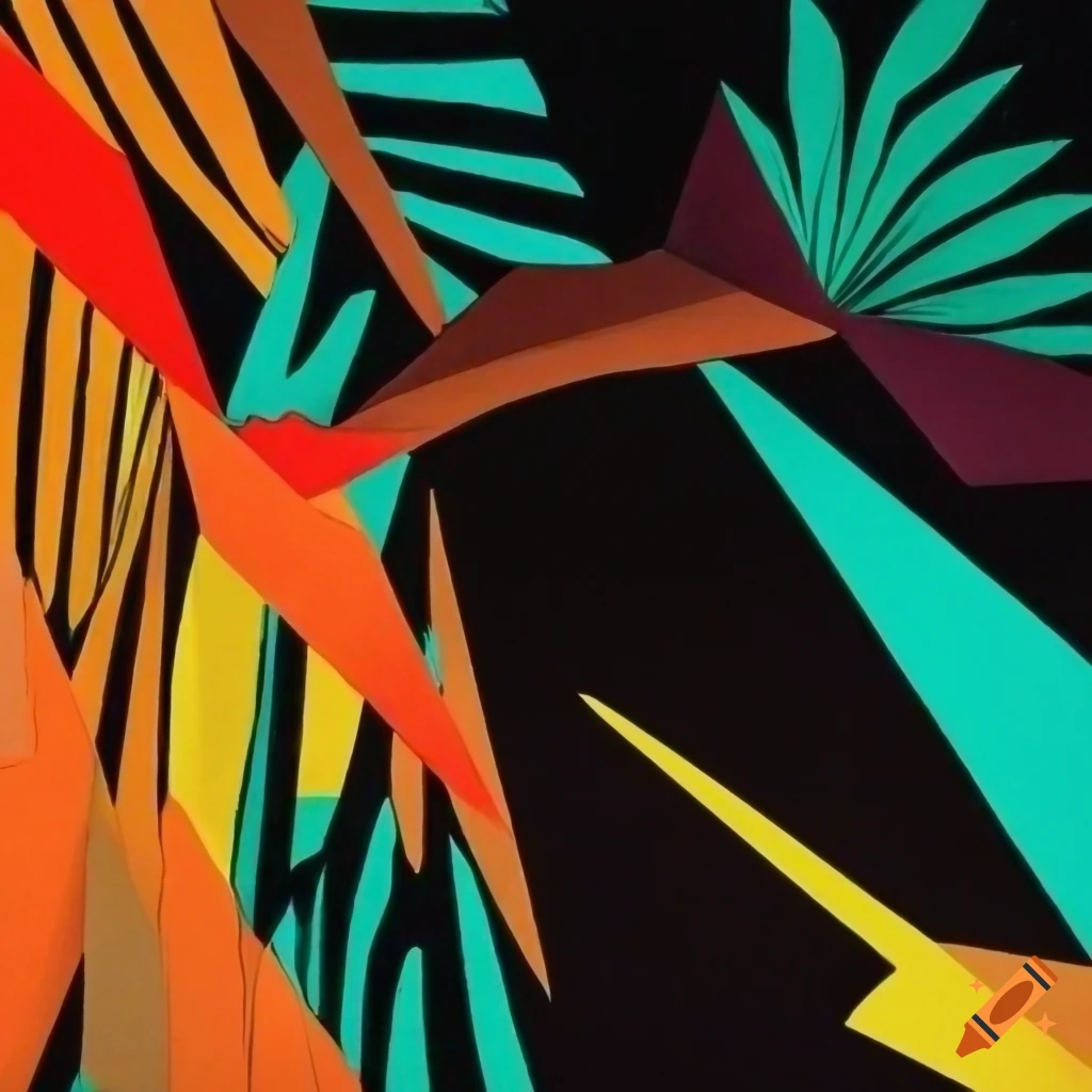 abstract illustration of a tropical landscape with flying parrots