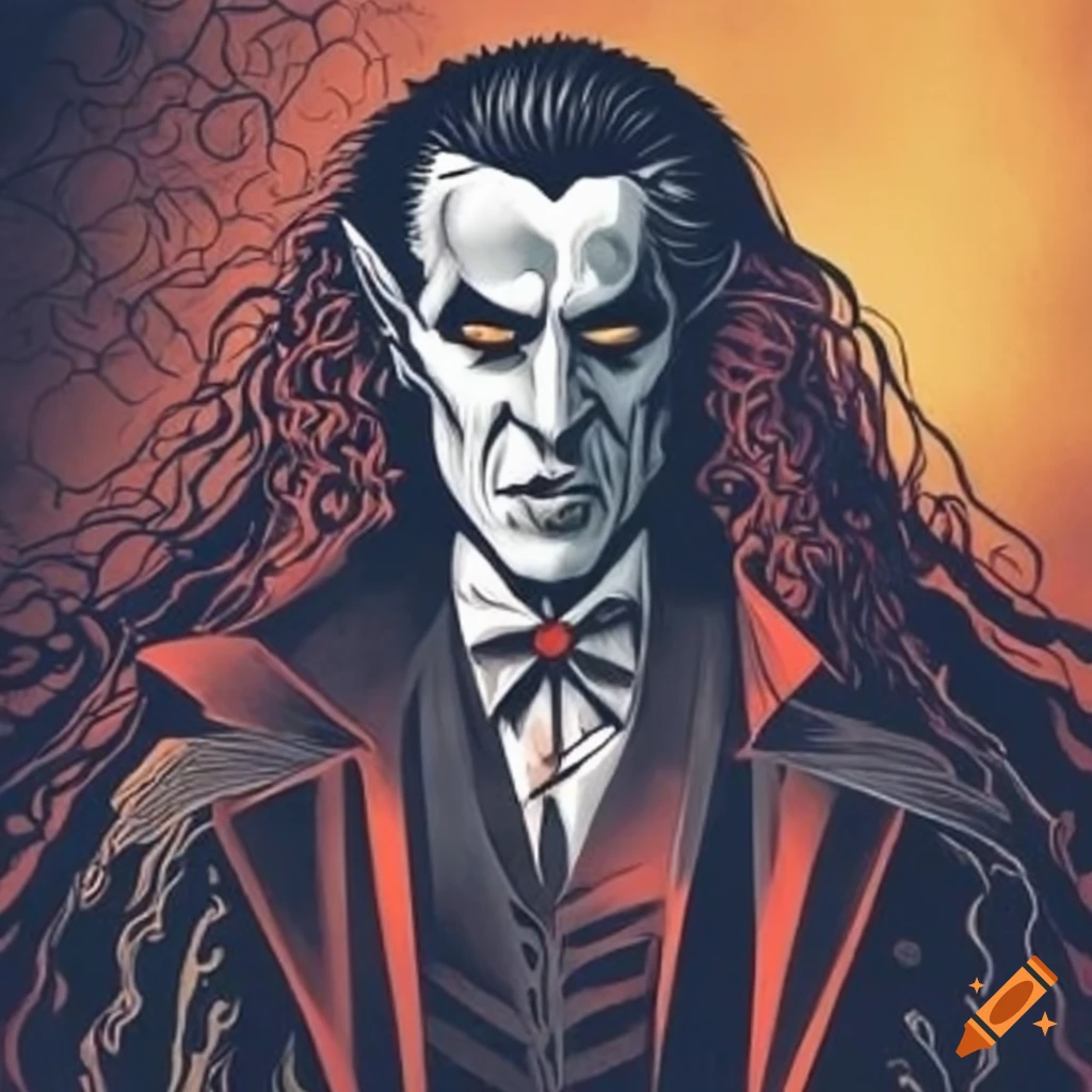 Illustration of dracula with long flowing hair on Craiyon