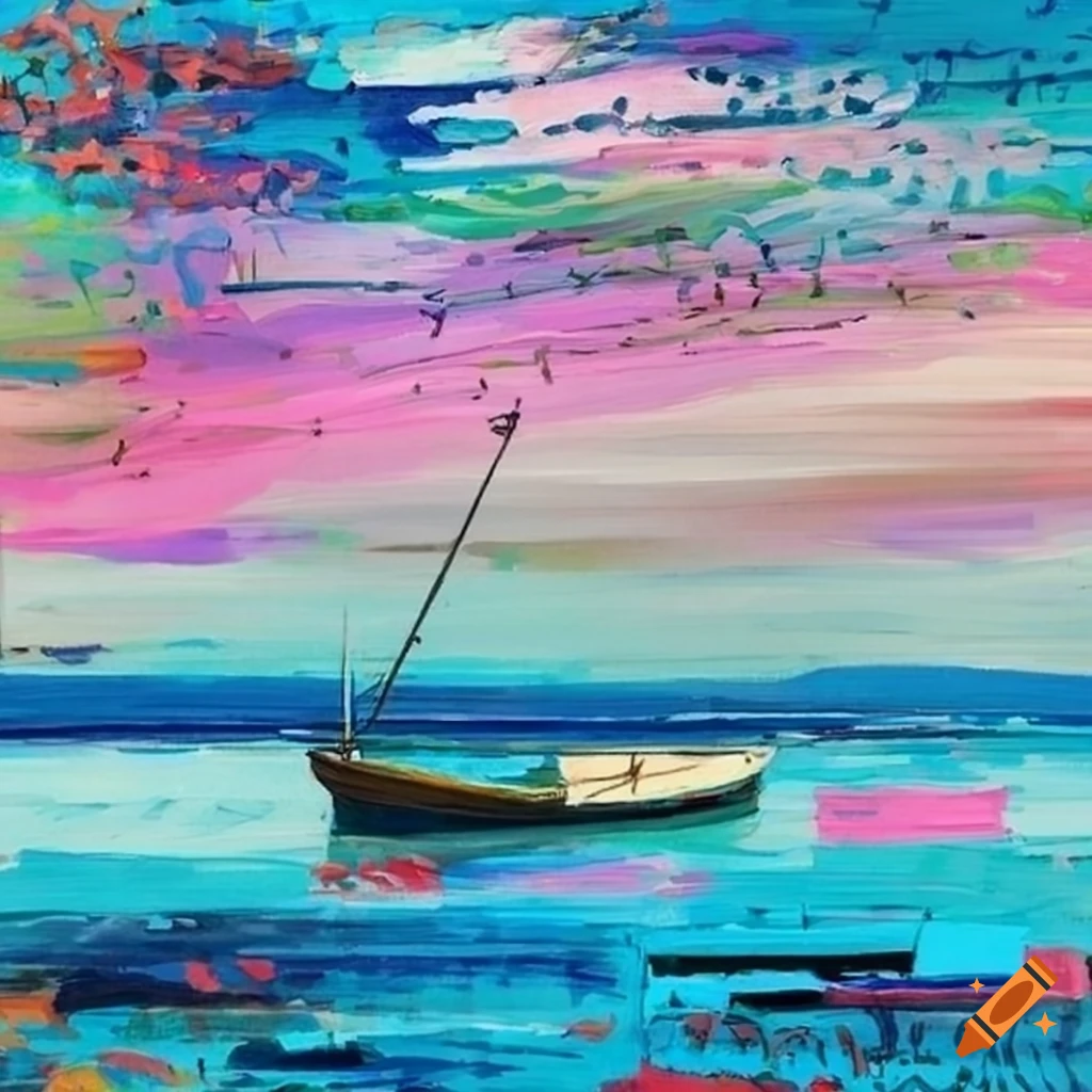 Colorful coastal landscape artwork with a boat