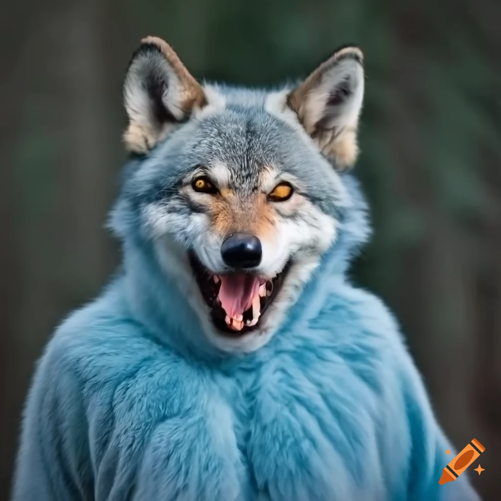 image of a fluffy blue wolf in onesie