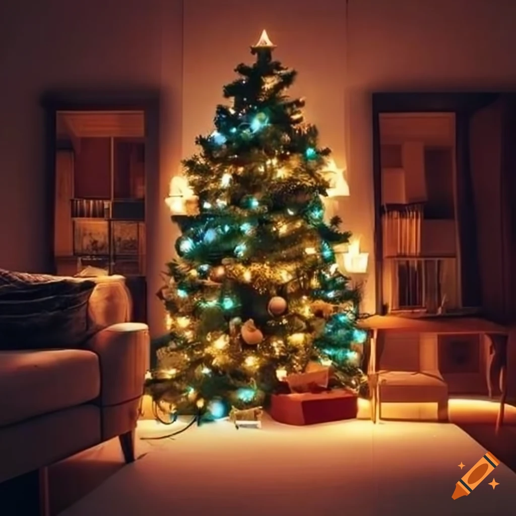 festive living room with a Christmas tree and decorations