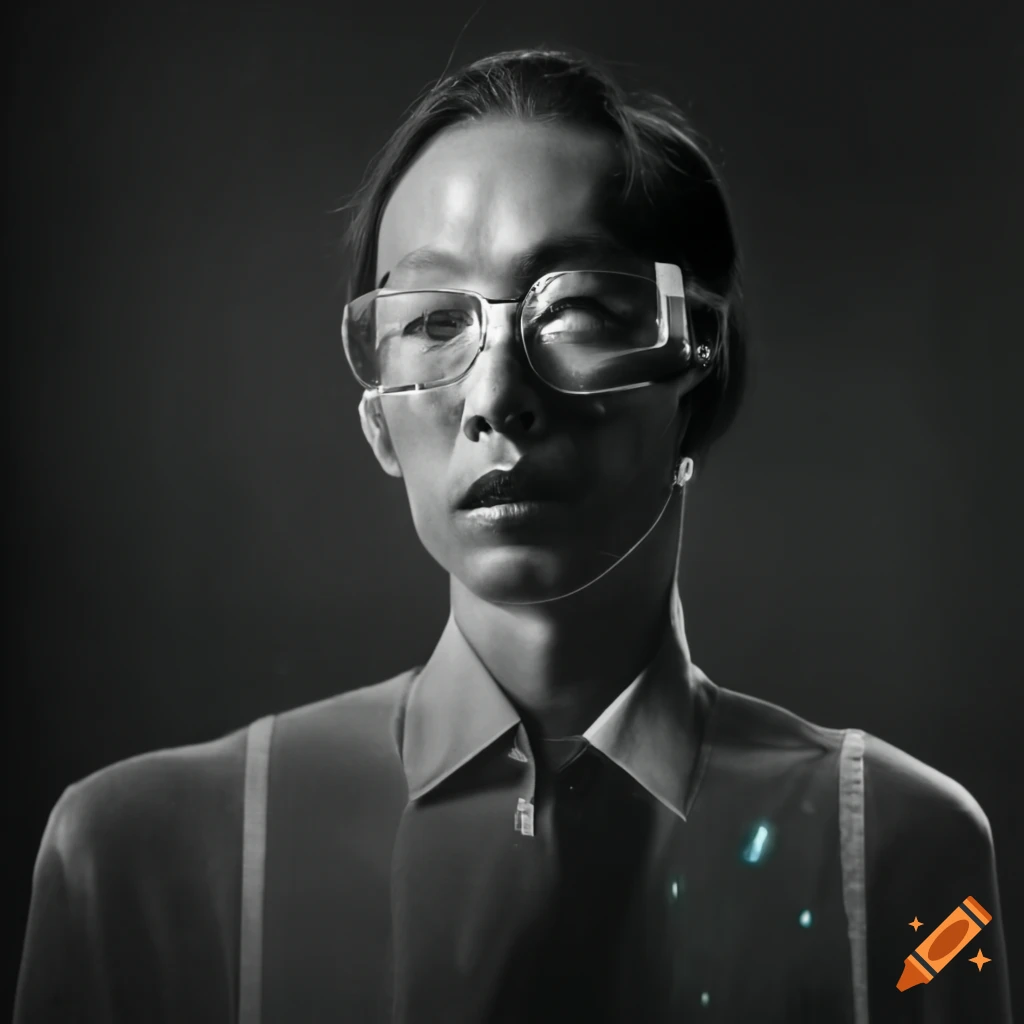 black and white photo of a Japanese male cyborg scientist