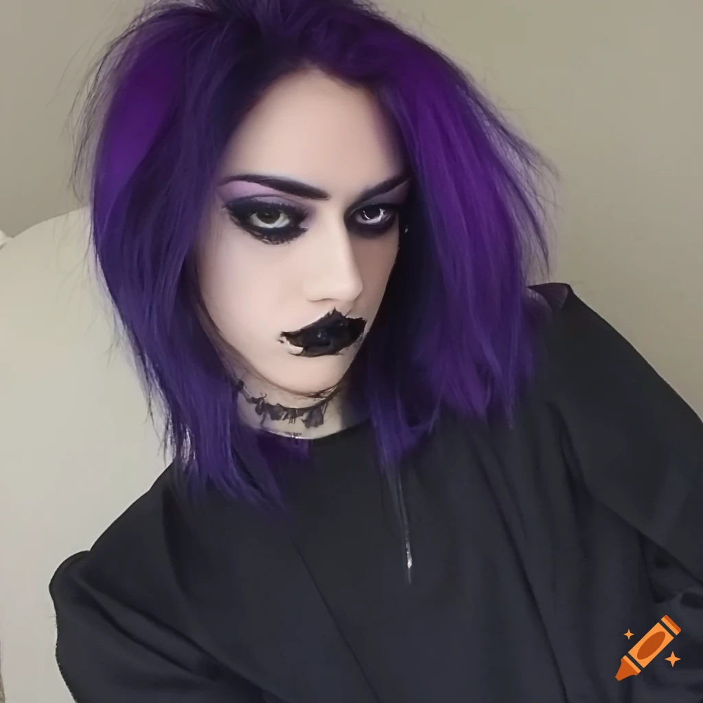 Portrait of a goth guy with purple and black hair