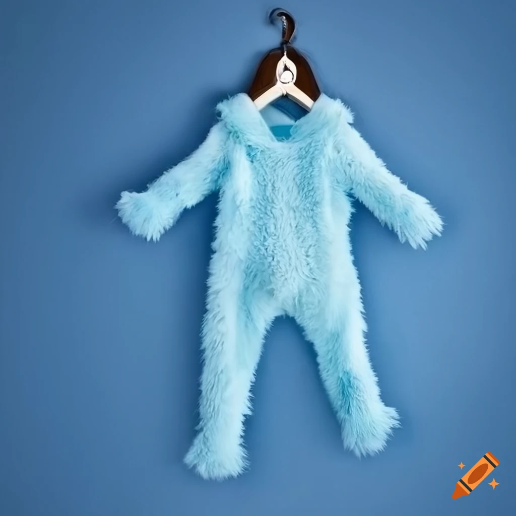 Fluffy light blue onesie hanging on a hook on Craiyon
