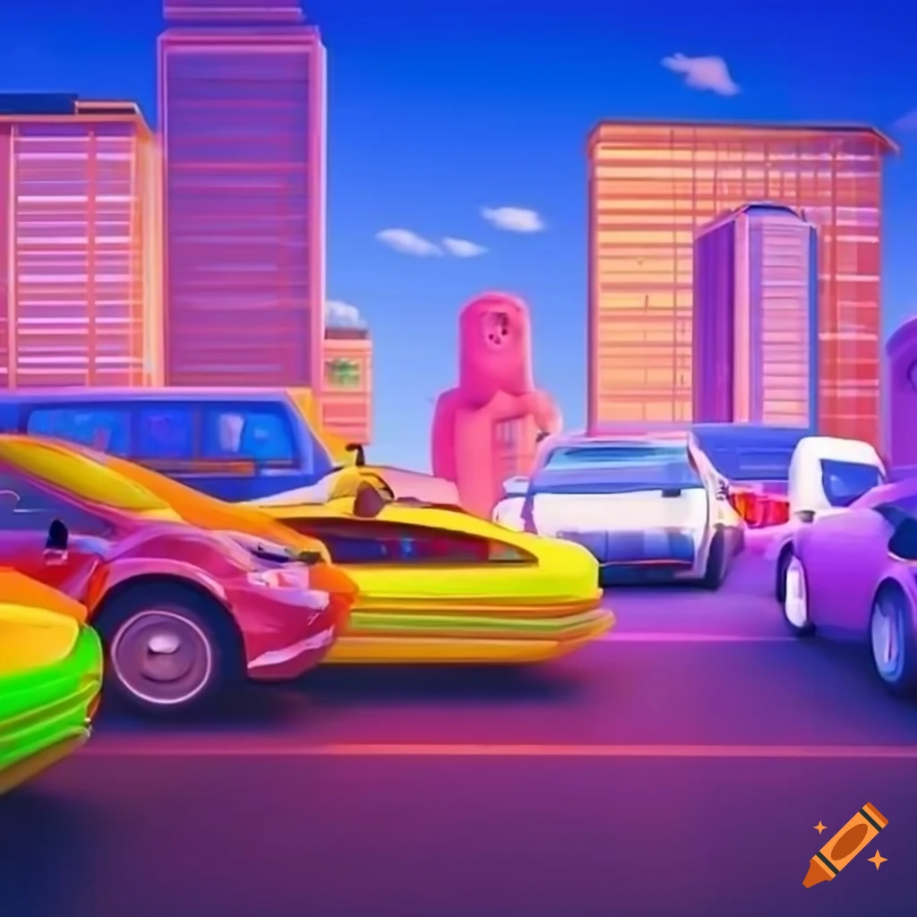 colorful 3D parking lot background from a Disney Pixar movie
