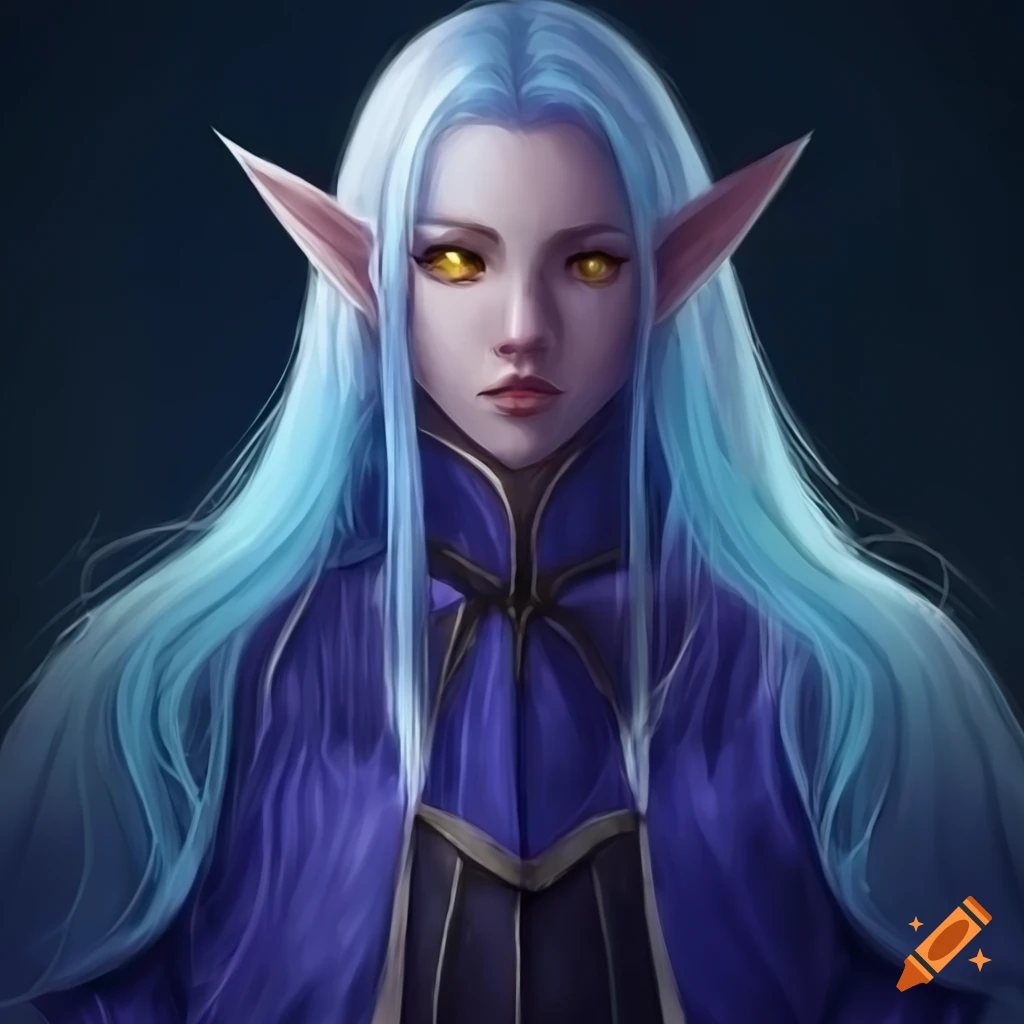 Illustration of an astral elf with purple hair and golden eyes