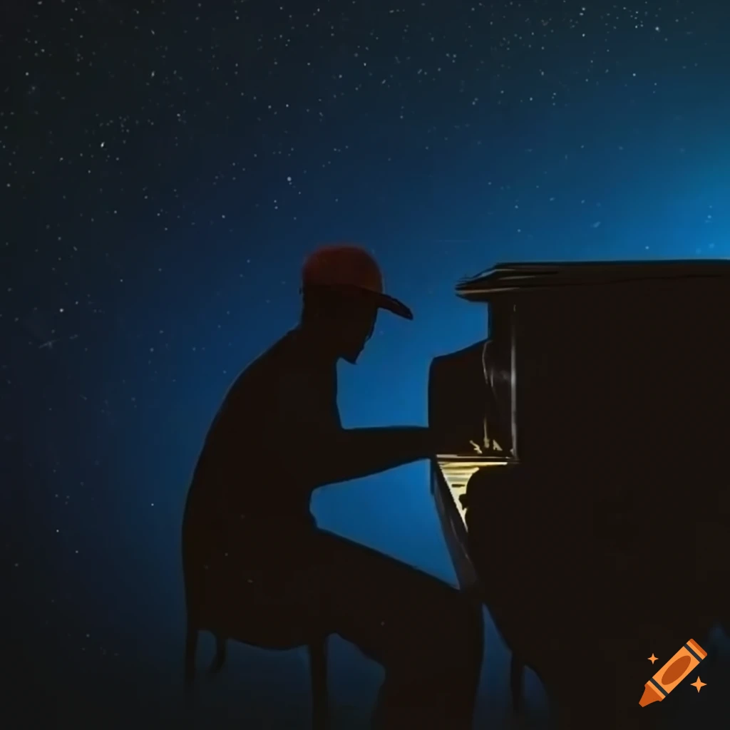 artistic depiction of a shadow man playing piano under starry sky