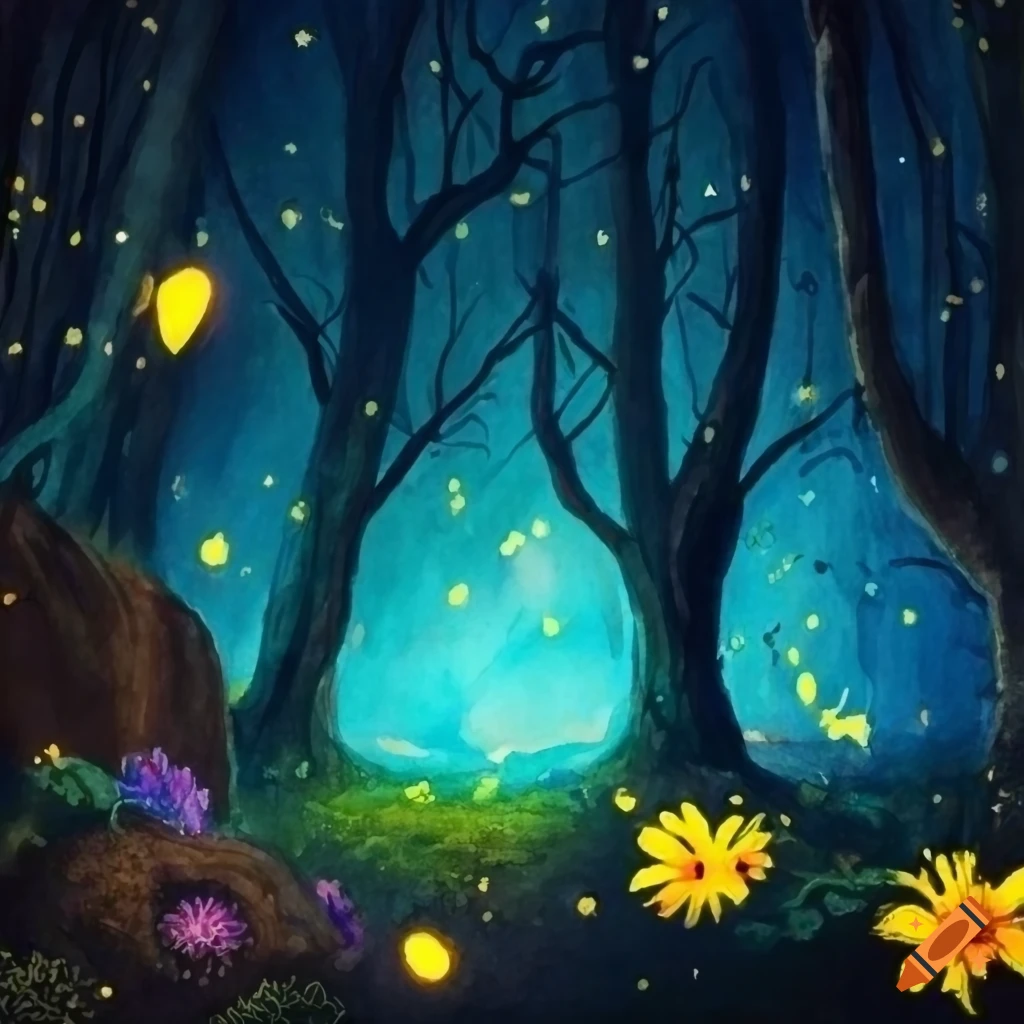 colorful forest with a small cave at night