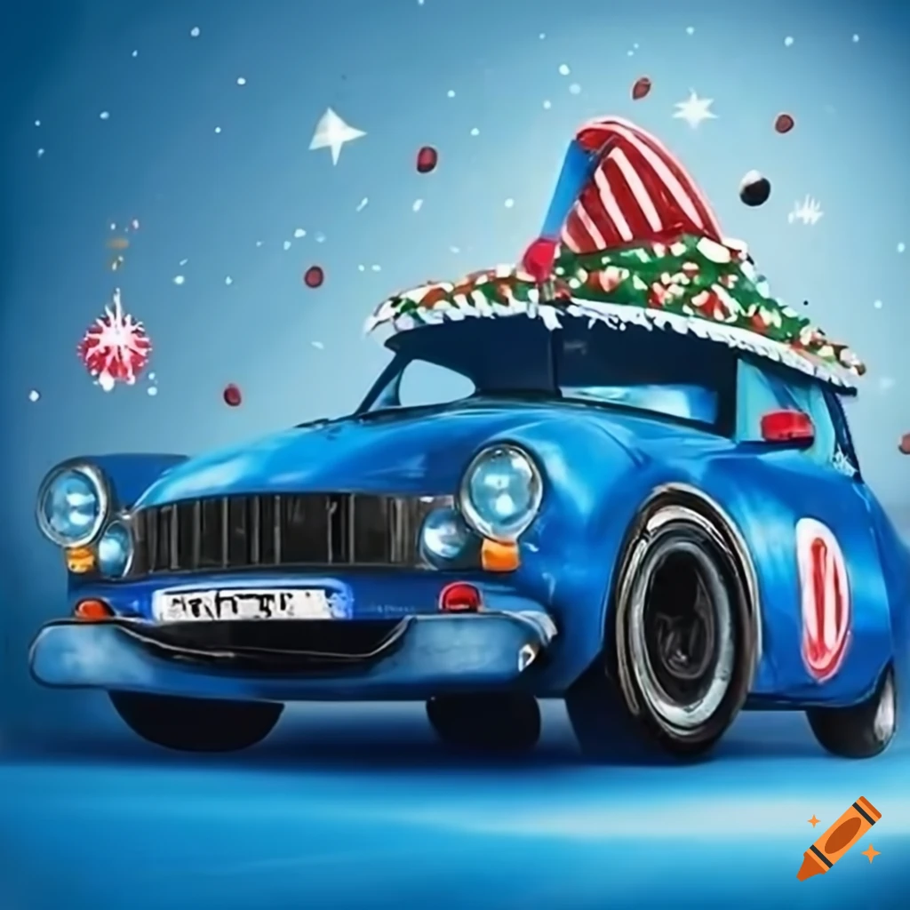 blue racecar in a Christmas setting