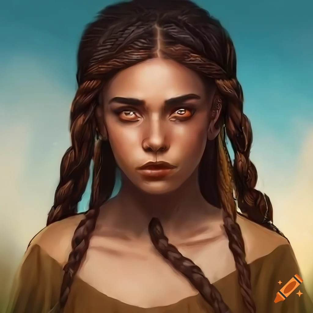 Digital artwork of a young woman in fantasy grasslands on Craiyon