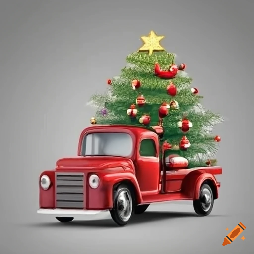 red truck with a christmas tree on top