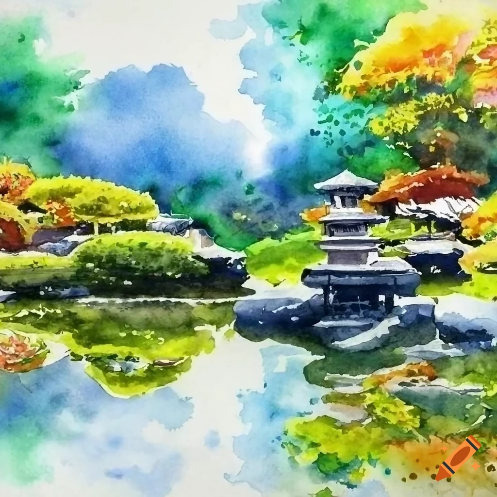 peaceful watercolor painting of a Japanese garden