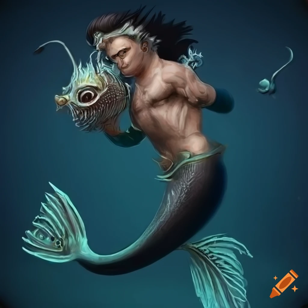 Merman Form Etching of a merman steve harrington in anglerfish form on Craiyon