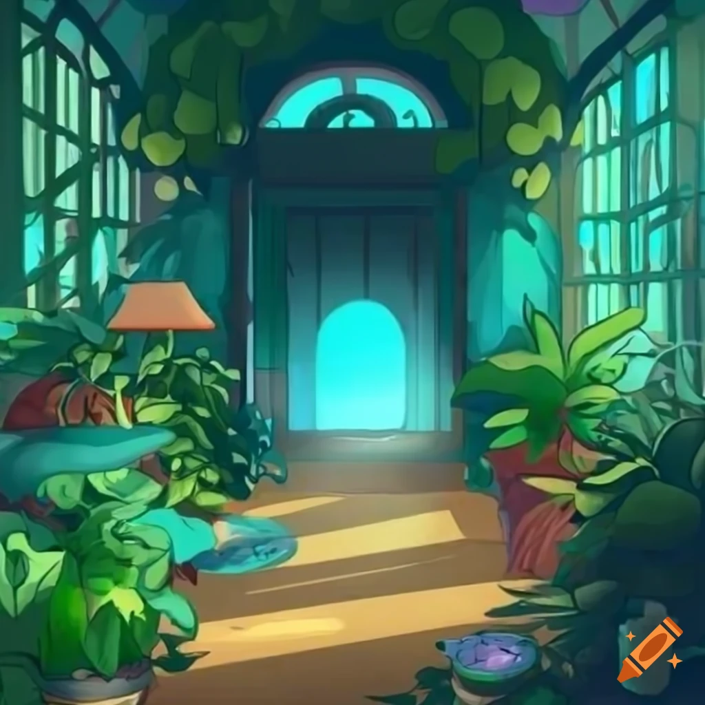 colorful cartoon image of plants in a greenhouse