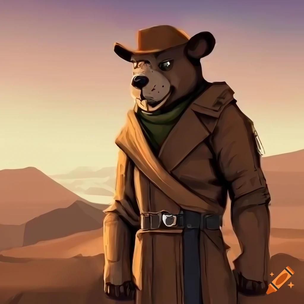 Art of a bear in modern body armor and cowboy hat