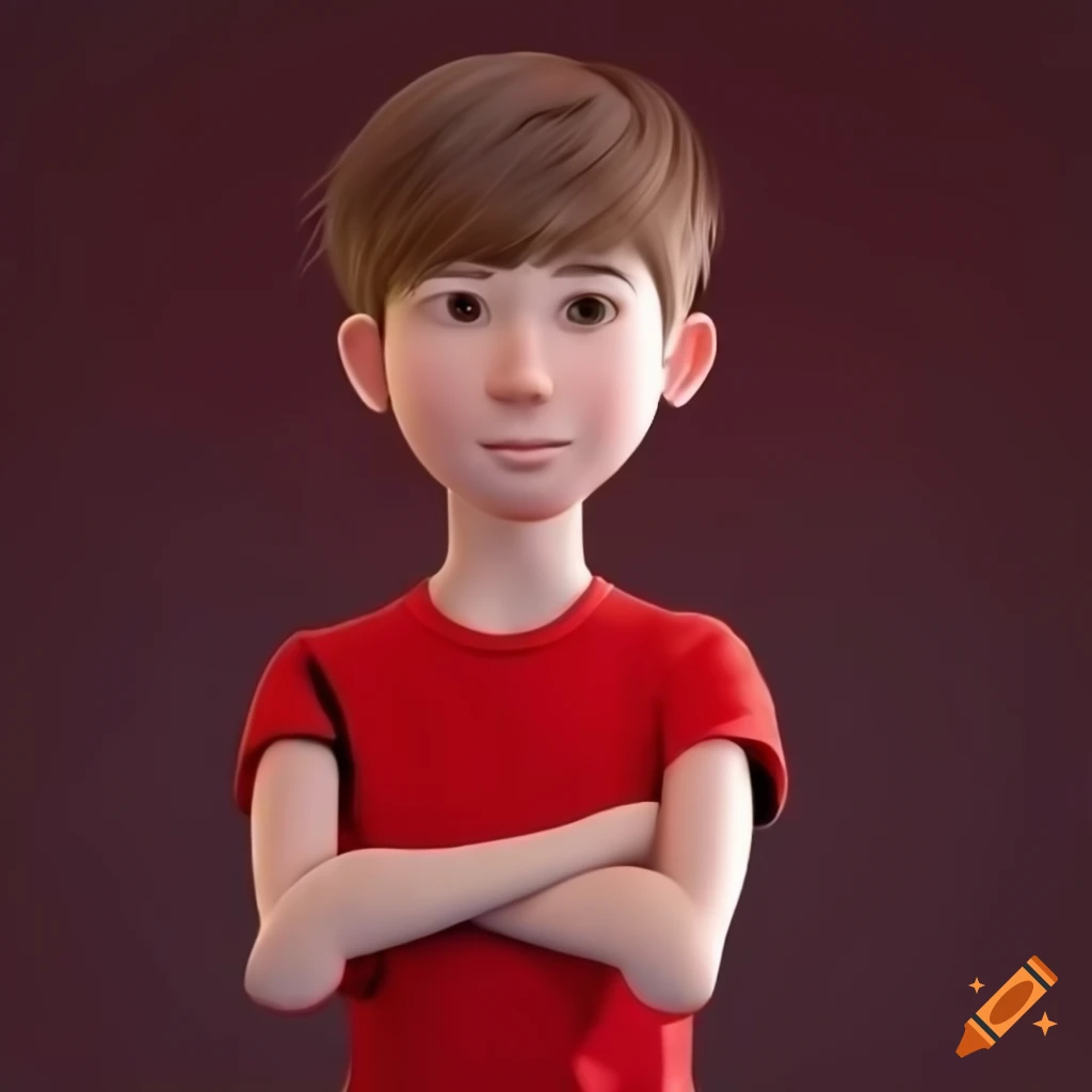 rendering of a teenage boy with red shirt and brown hair