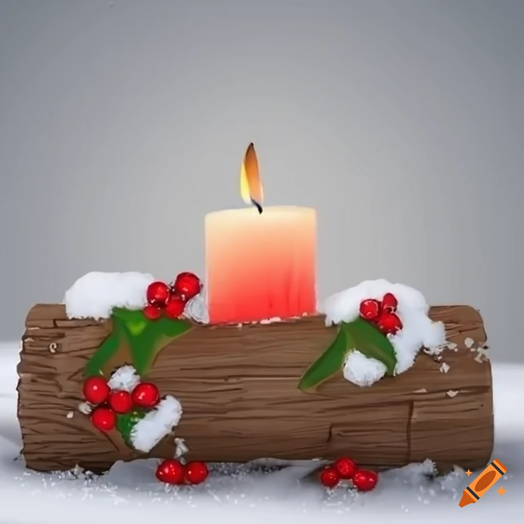 Cartoonish wooden christmas log with candle and holly in the snow