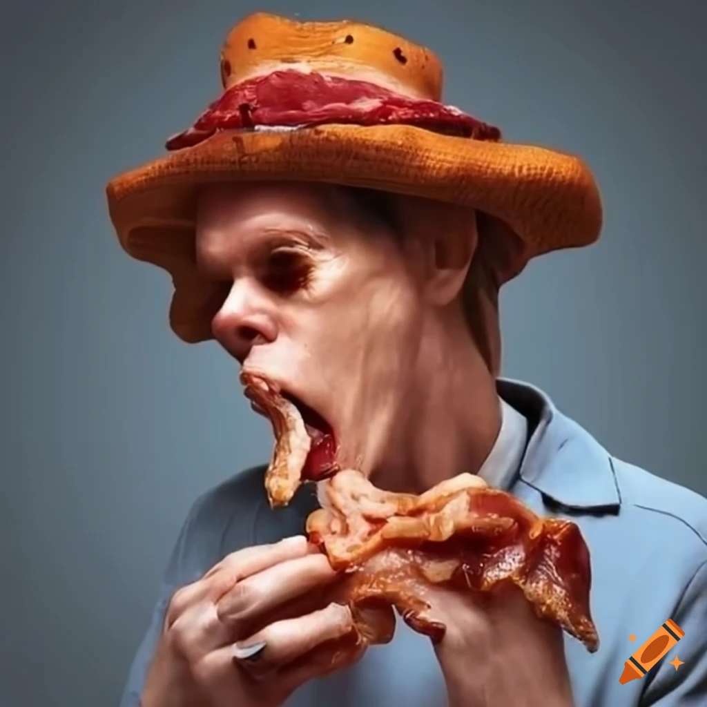 Kevin Bacon eating bacon and wearing a bacon hat