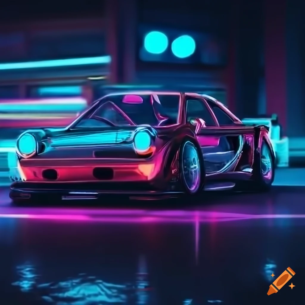 Cyberpunk vintage sports car with neon lights on Craiyon