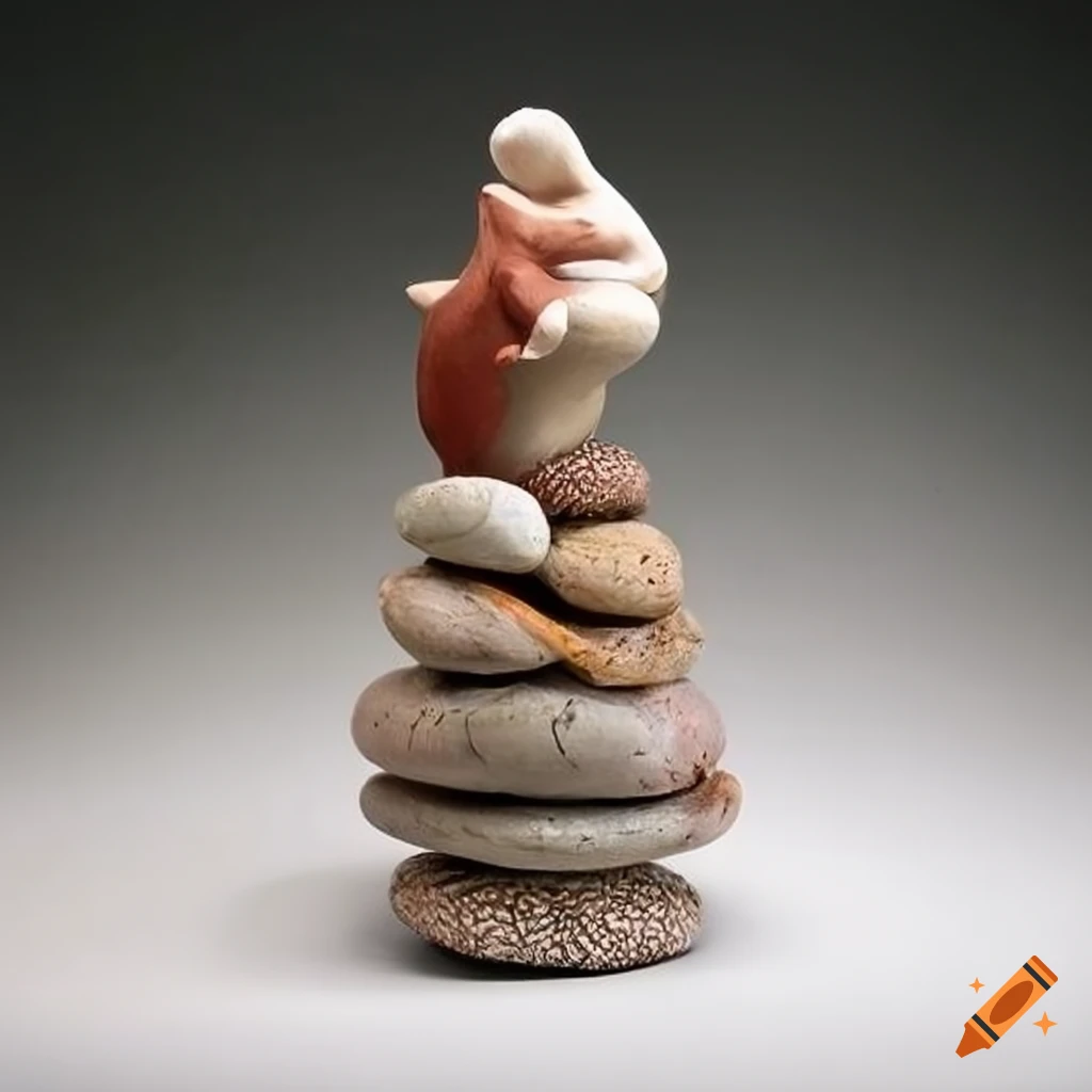 ceramic sculpture of a woman with snail heart balanced on a ladder or cairn