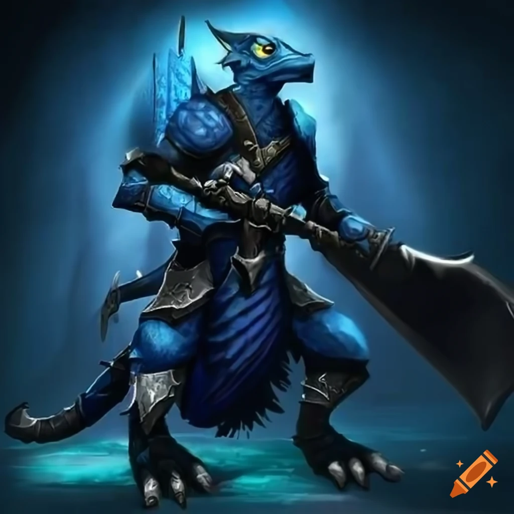 Digital art of a fierce kobold warrior in blue armor on Craiyon