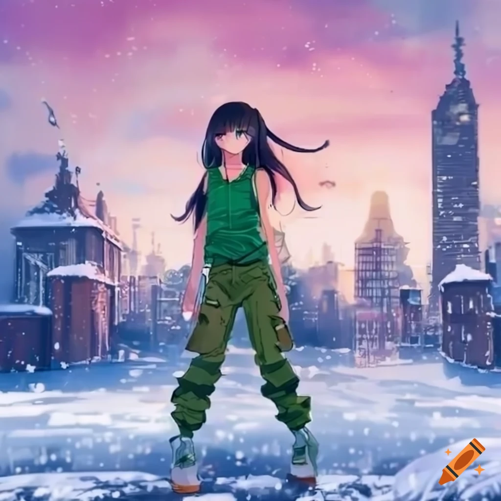 Anime girl with long brown hair wearing a blue sweatshirt and black leggings with glowing white wings in a synthwave environment Dreamscape on Craiyon