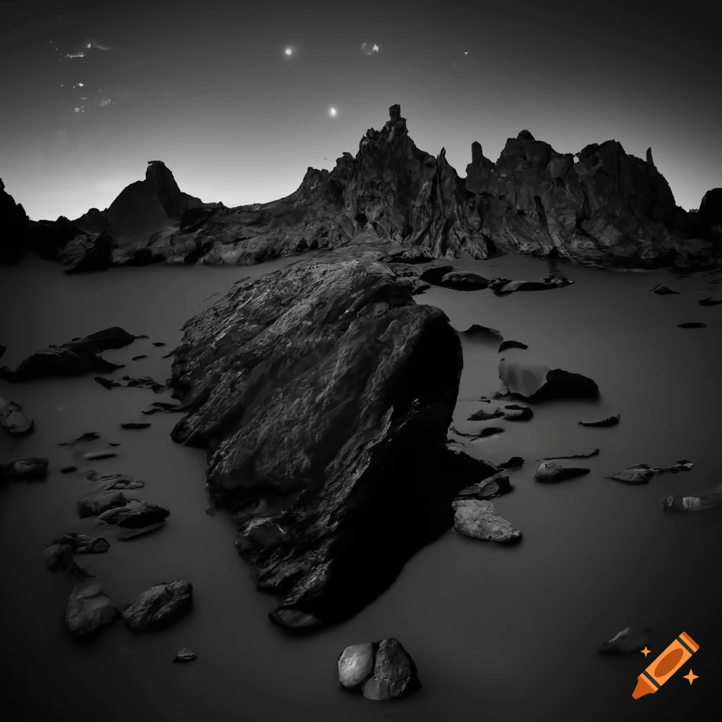 black and white landscape of a dark rock planet