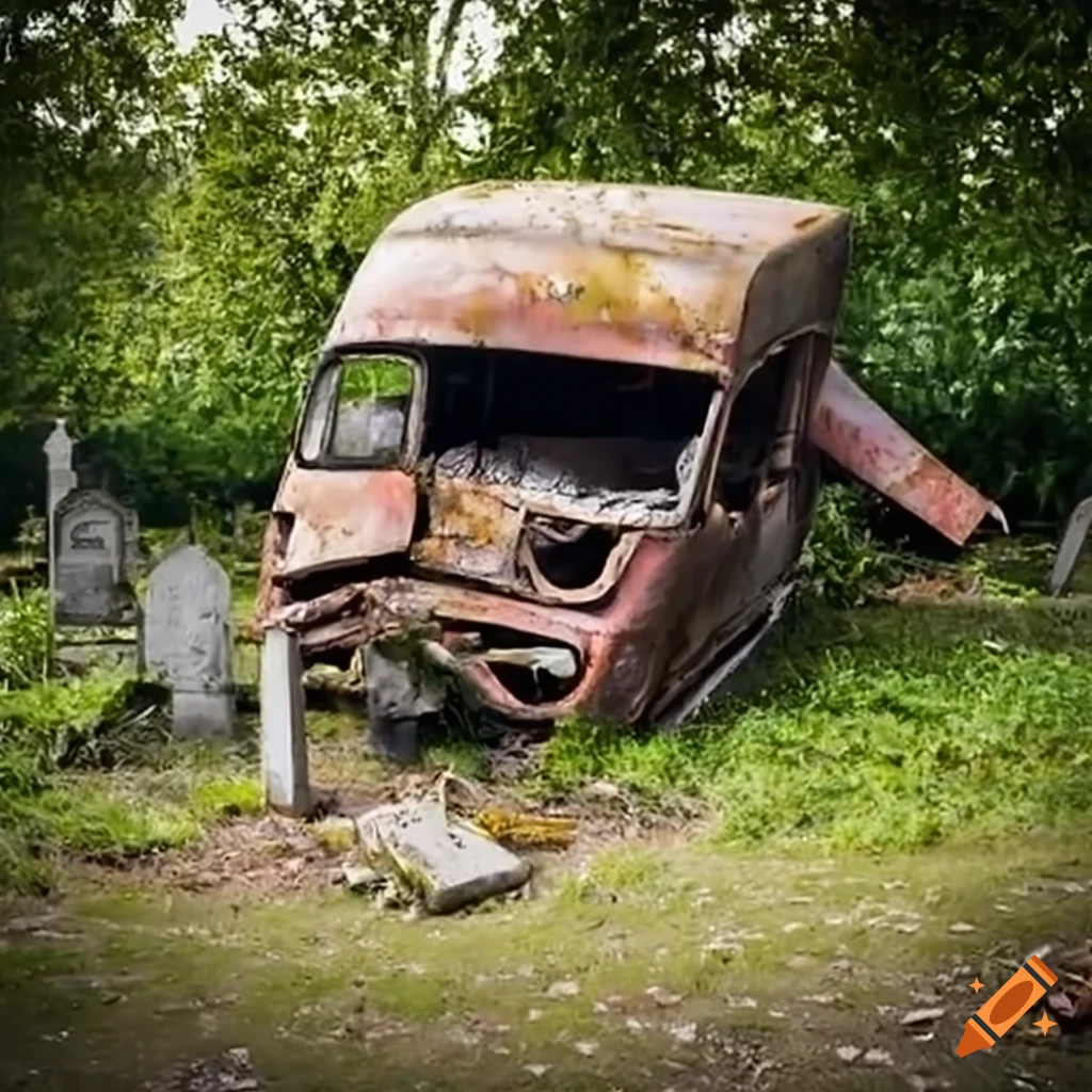 abandoned van in a graveyard near a tree