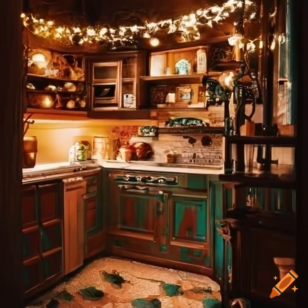 Whimsical kitchen with twinkle lights on Craiyon