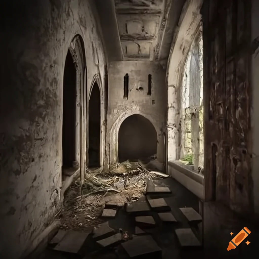 cracked and dusty interior of an abandoned castle