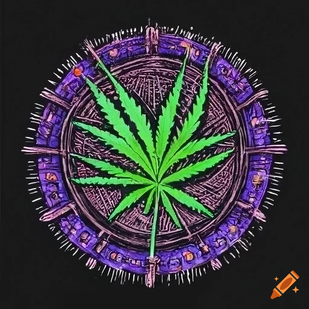 colorful scratchboard medallion of a cannabis leaf