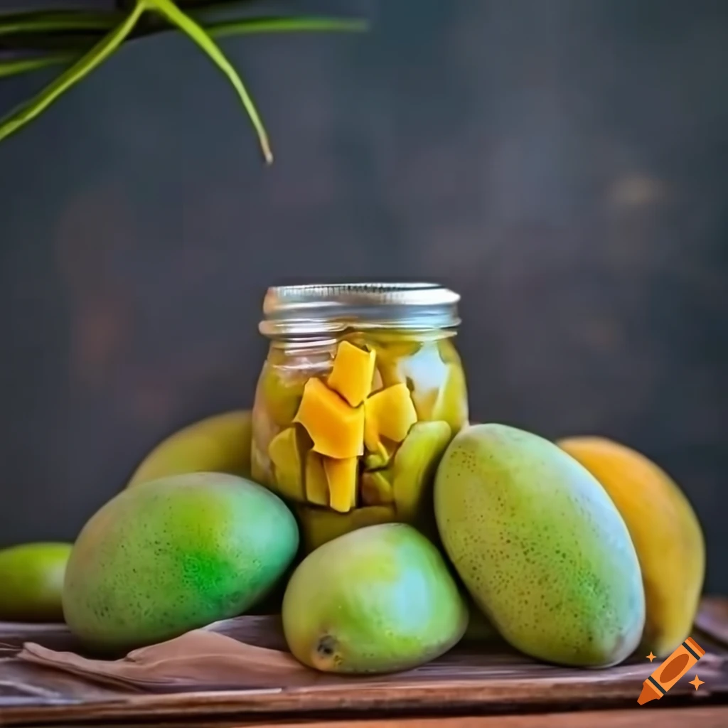 Green mango fruit and pickled mango in jars on Craiyon