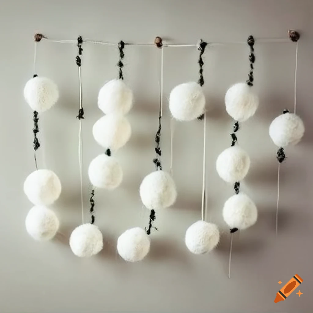 White felt ball garland decor on a wall on Craiyon
