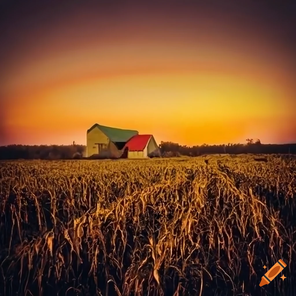 Sunset farm with growing corn field on Craiyon