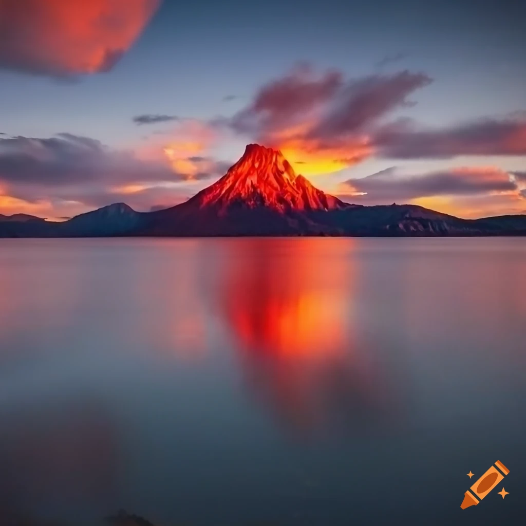 Sunset at a volcano with a boat on the lake on craiyon