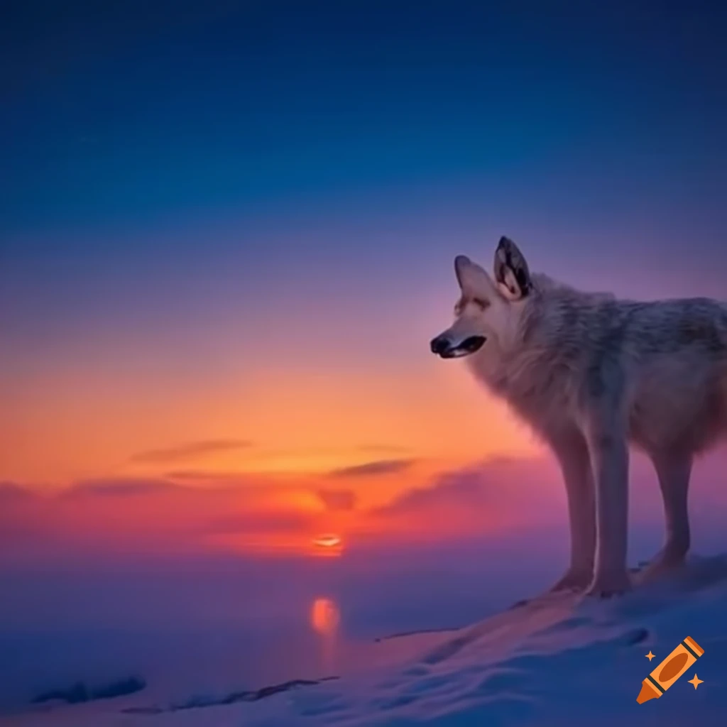 image of a white wolf under a sunset sky