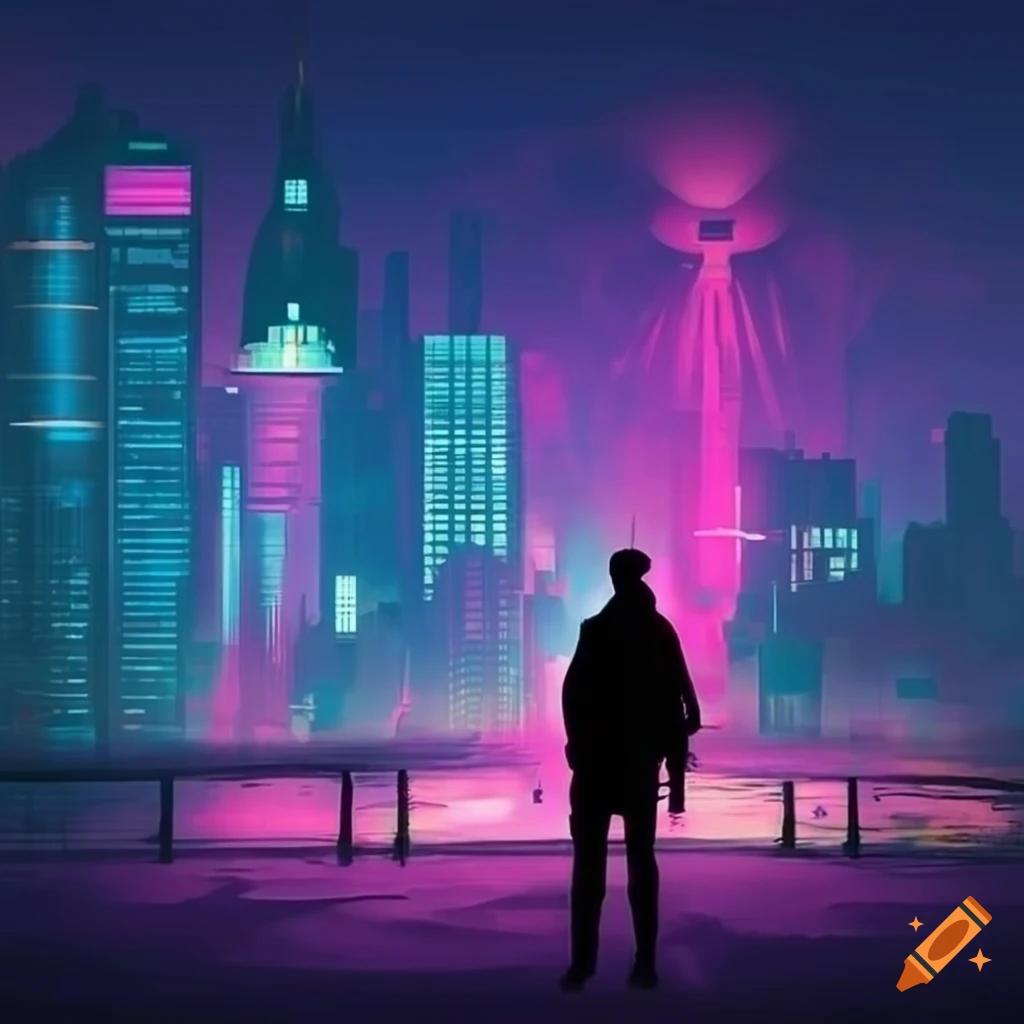Cyberpunk silhouette overlooking the city skyline on Craiyon