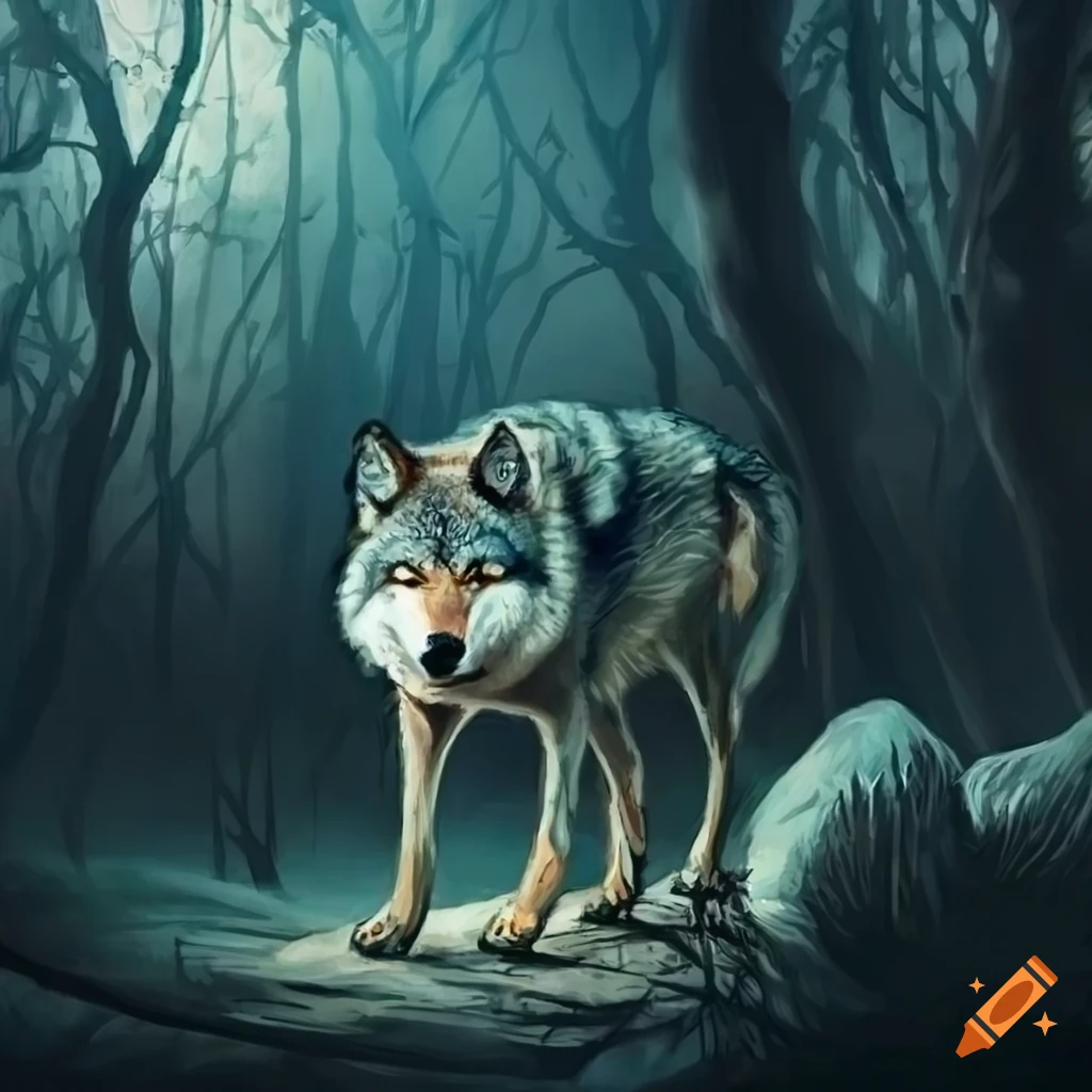 eerie night portrait of a wolf in a medieval forest