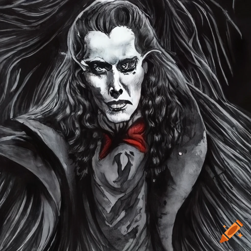 illustration of Dracula with long flowing hair