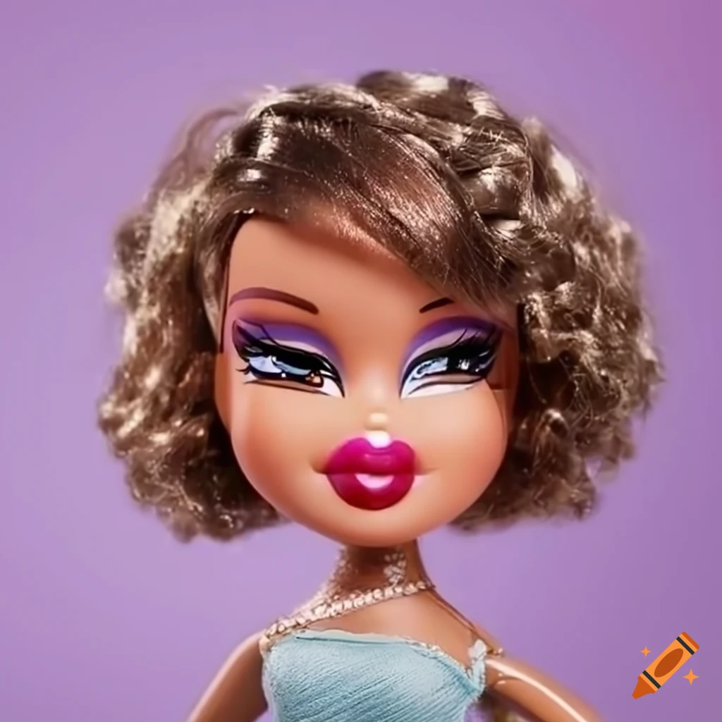 Bratz doll with curly brown hair in pastel outfit on Craiyon
