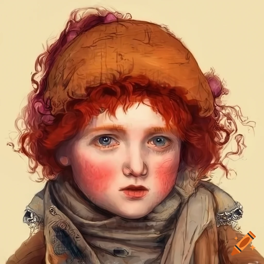 Illustration of a red-haired girl in 19th century winter attire